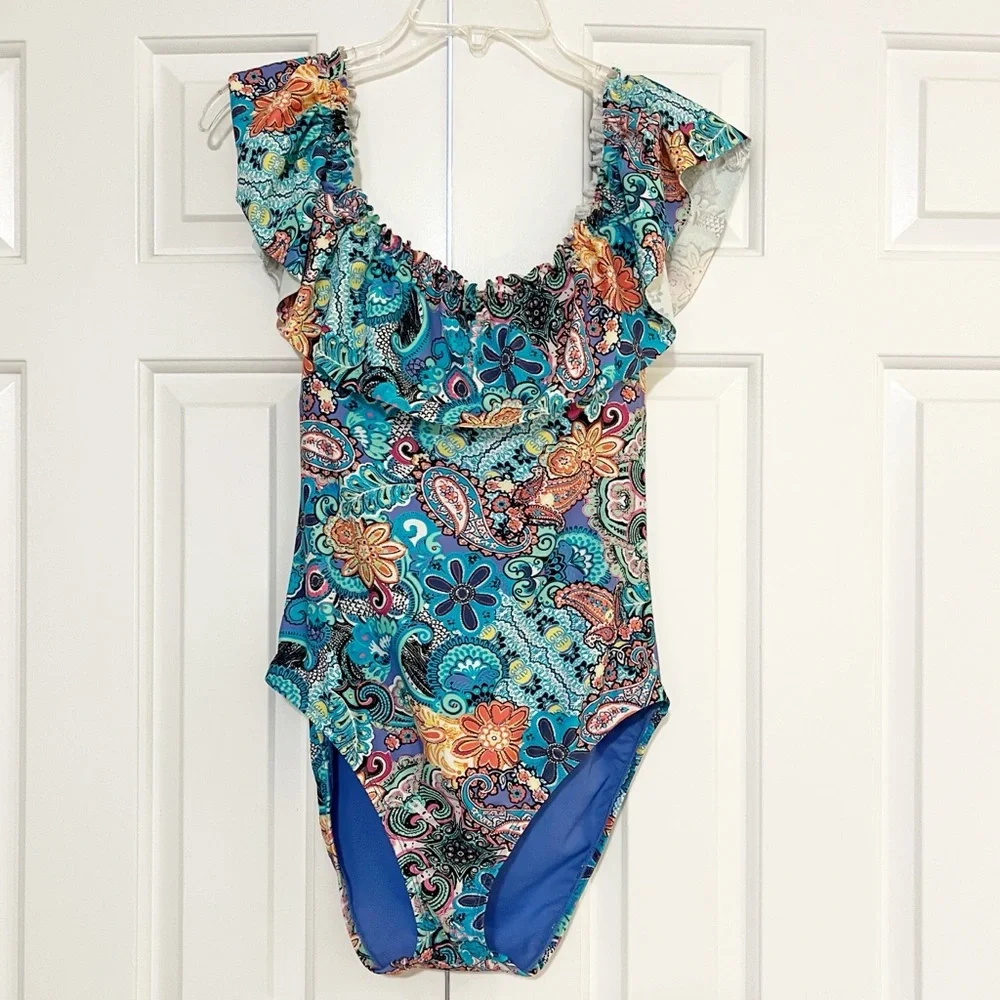 Bleu Rod Beattie Colorful Floral Paisley Ruffle Teal Blue One-Piece Swimsuit. 10 - Picture 6 of 14